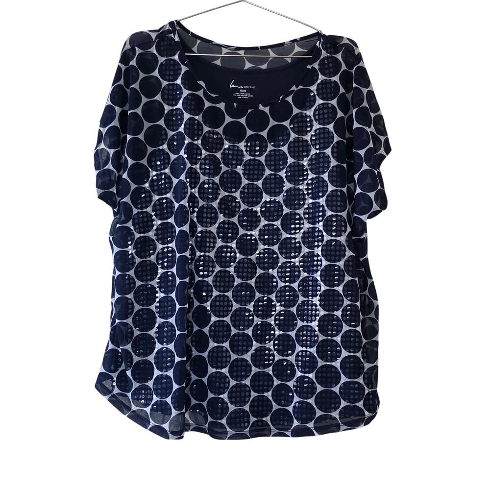 Lane Bryant Navy Polka Dot Sequin Layered Short Sleeve Top Woman Plus Size 18/20